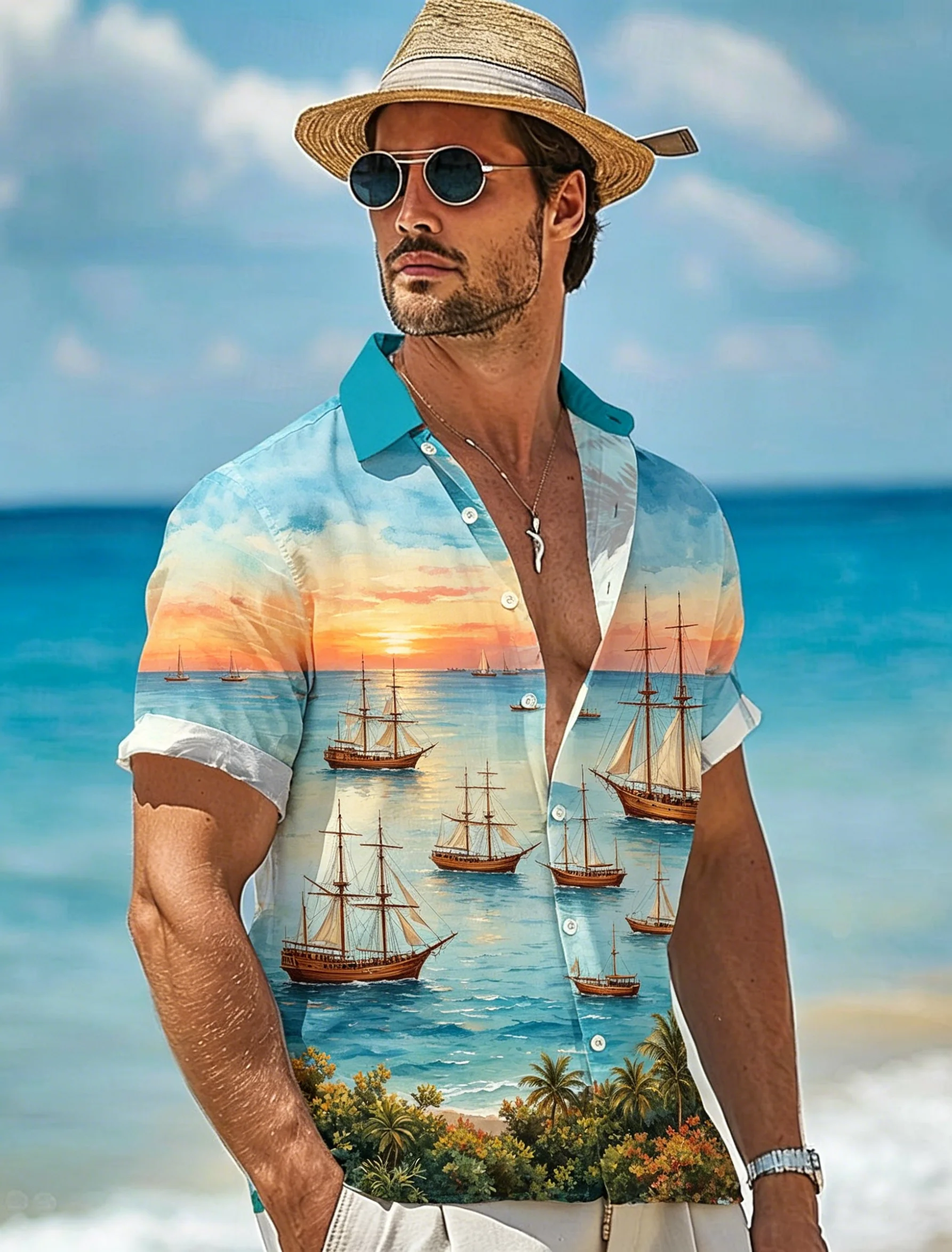 

Men's Short Sleeve Button Shirt, Sunset Ocean Sailboat Palm Tree Scenic Print, Loose Fit for Summer Beach Daily Vacation Outfits
