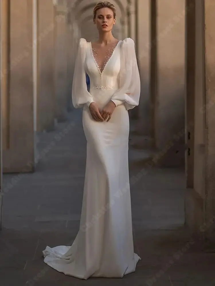 Abiti da sposa a sirena in raso brillante con scollo a V Abiti da sposa in stile minimalista per abiti da ballo da donna personalizzati