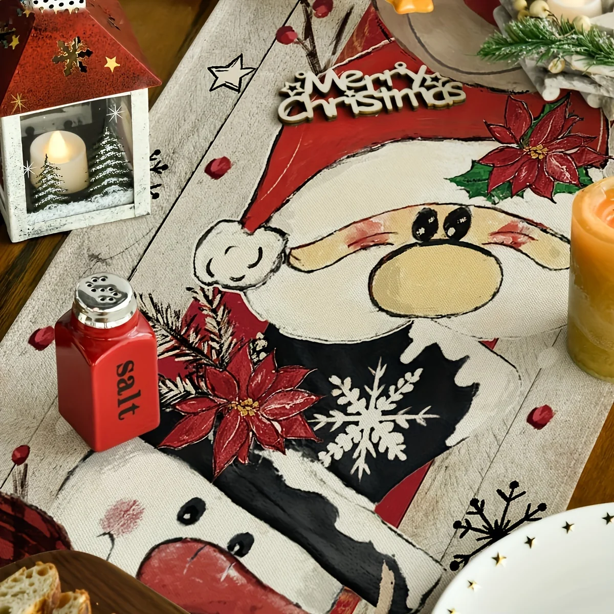 トナカイ、サンタクロース、雪の結晶のクリスマステーブルランナ - Christmas Table Runner のレビューと価格