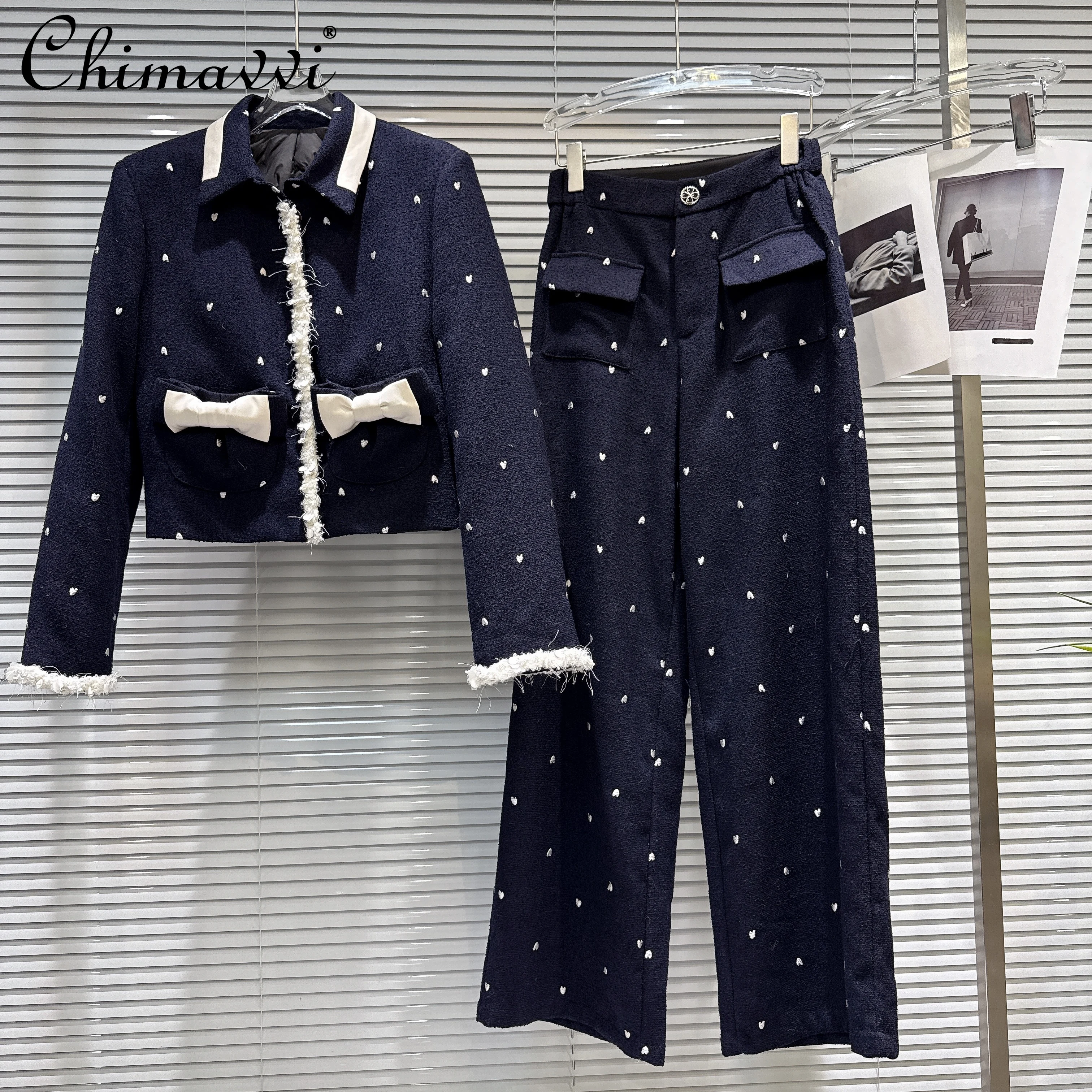 

Elegant Fashion Socialite Embroidery Bow Pocket Single-breasted Down Jacket High Waist Long Pants Two-Piece Set for Women Winter