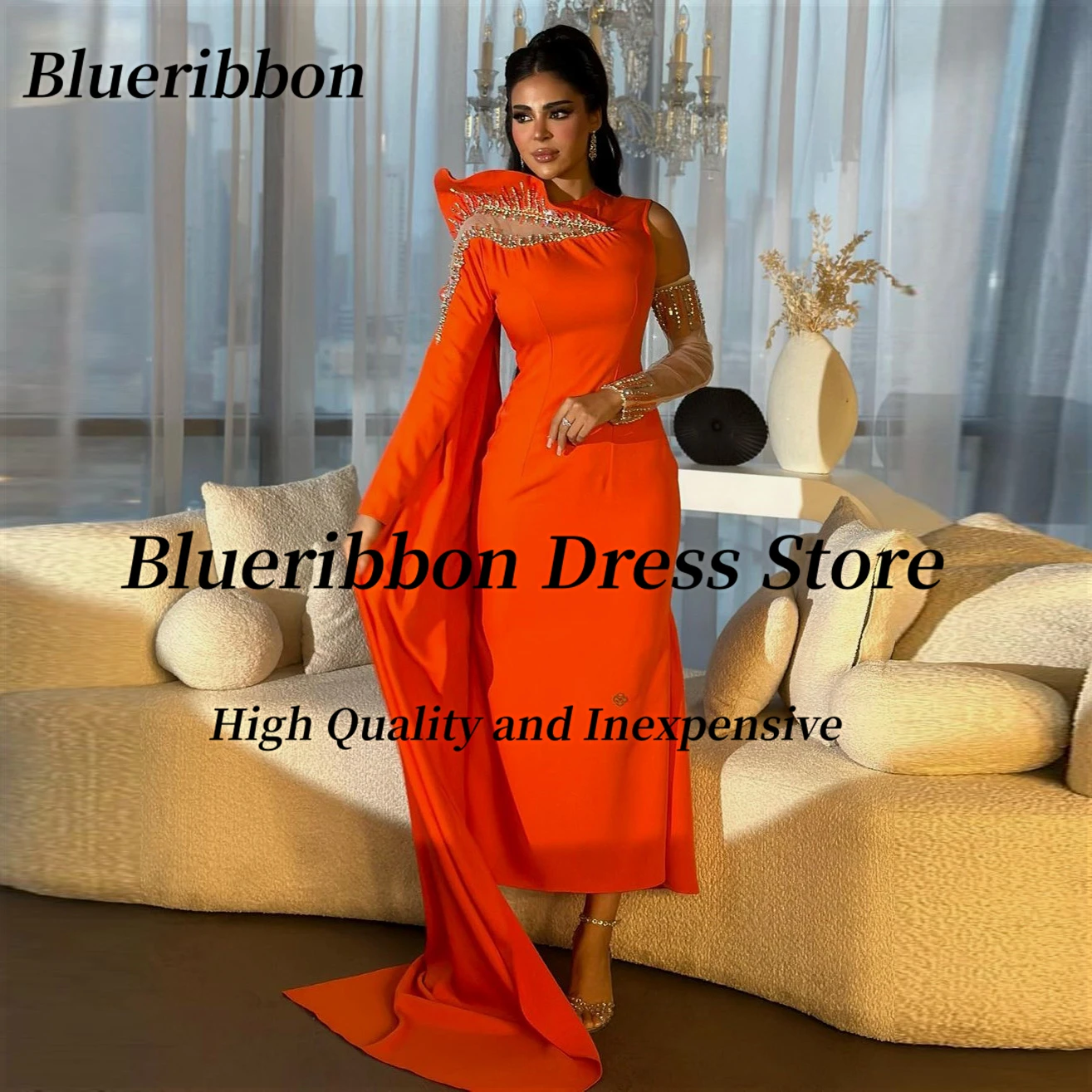 Blueribbon 2024 Newest Prom Dresses Long Sleeves Beaded Vestidos Des Birthday Party Saudi Arabia Women Wear Evening Dress