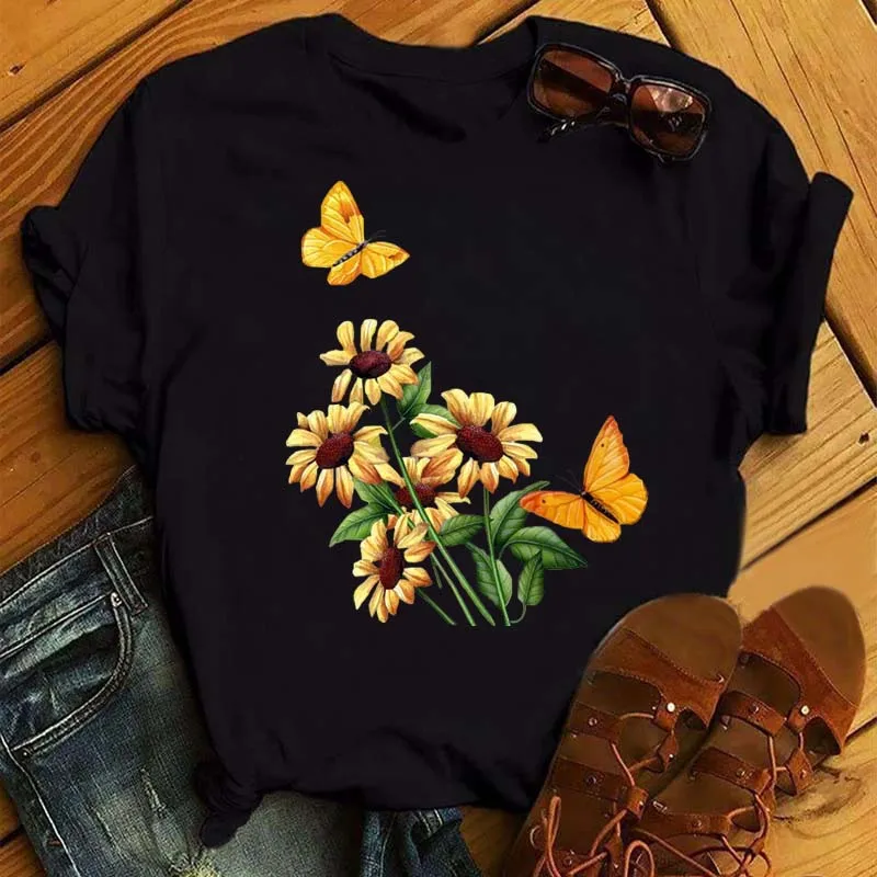 Camiseta con estampado de flores y mariposas para mujer, blusa informal de manga corta, ropa estampada