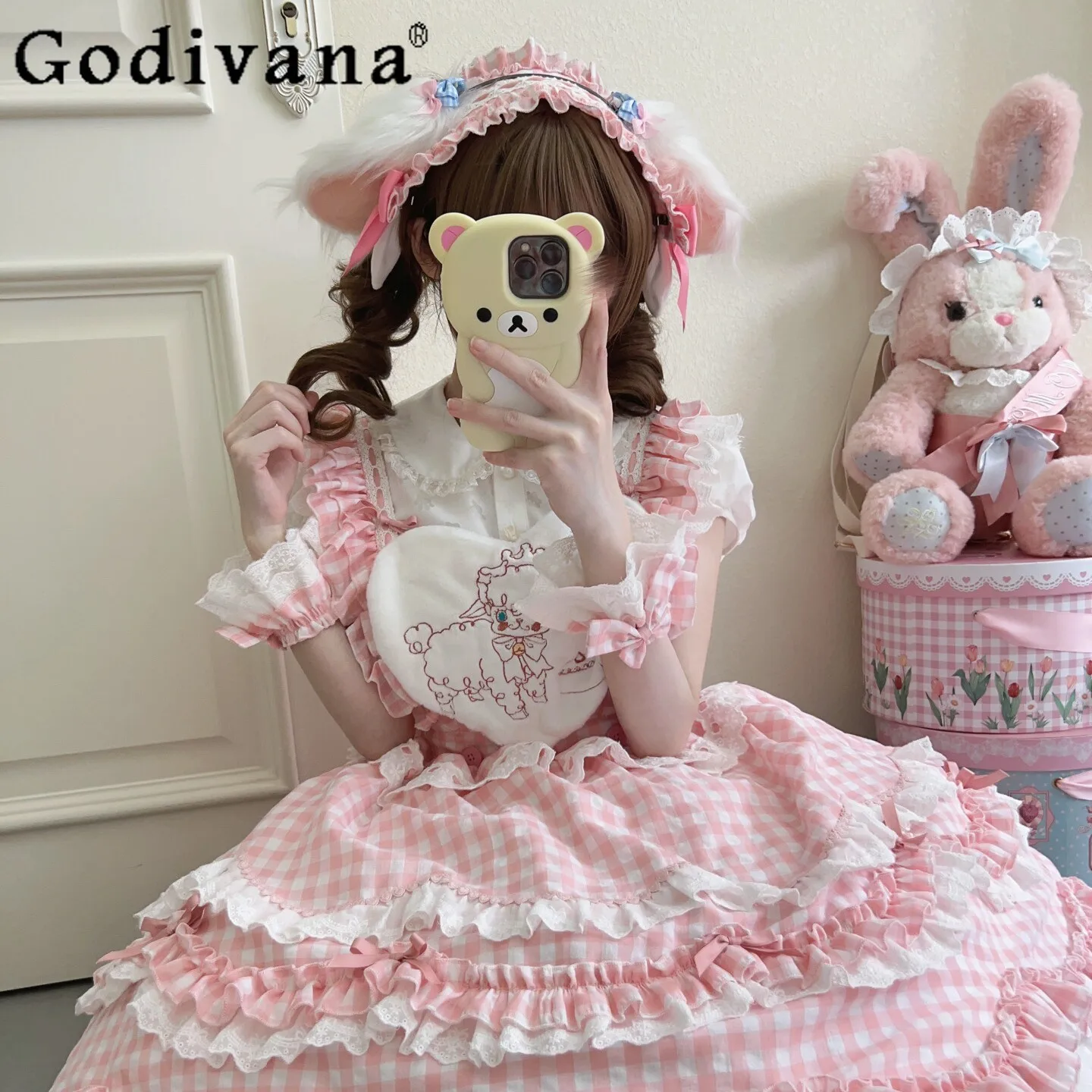 

Original Pink Lolita Dress JSK Cute Girls Kawaii Lamb Print Lace Short Dress Summer Casual Dress for Women Vestidos De Mujer