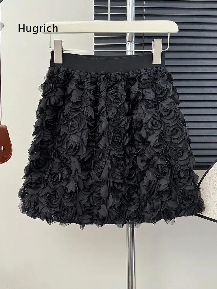 High Waist A Line Mini Skirt For Women 3D Rose Floral Decoration Sweet Bodycon Short Skirt Suitable For Daily Wear And Party Ev