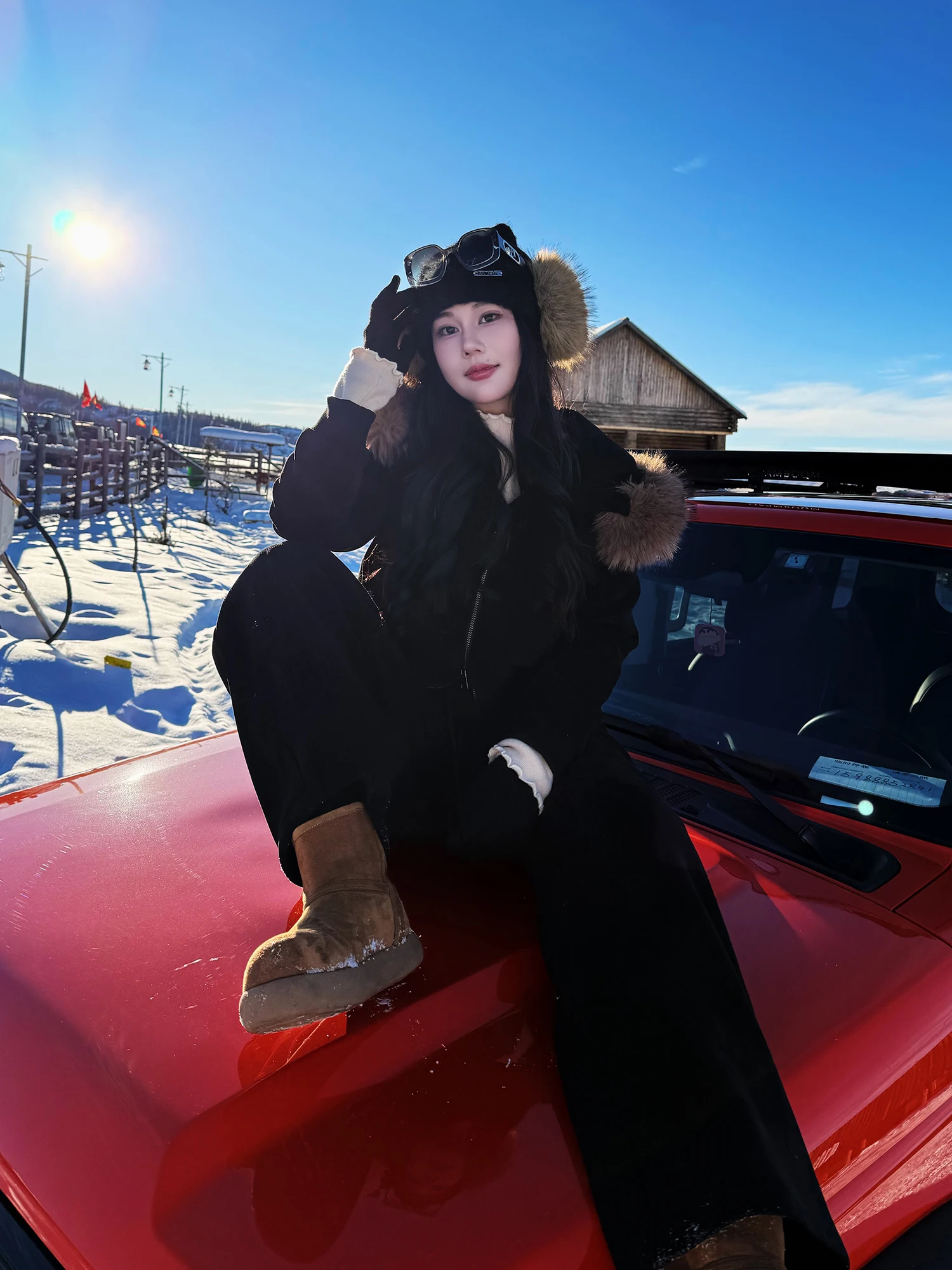 

Утепленный зимний комплект для женщин больших размеров с капюшоном и меховым воротником, черные элегантные брюки с высокой талией из полиэстера