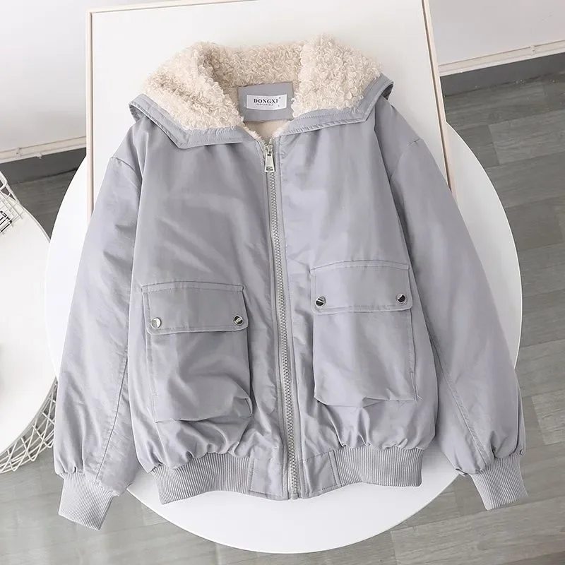 

Autumn And Winter Plus Velvet Liner Candy-colored Tooling Women's Loose Coat Collar Wool Collar Imitation Lamb Student Jacket