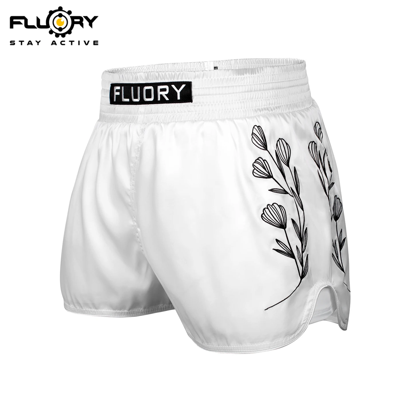

FLUORY White embroidered Muay Thai shorts, anti glare pocket boxing pants, yoga pants, gym training boxing sports pants