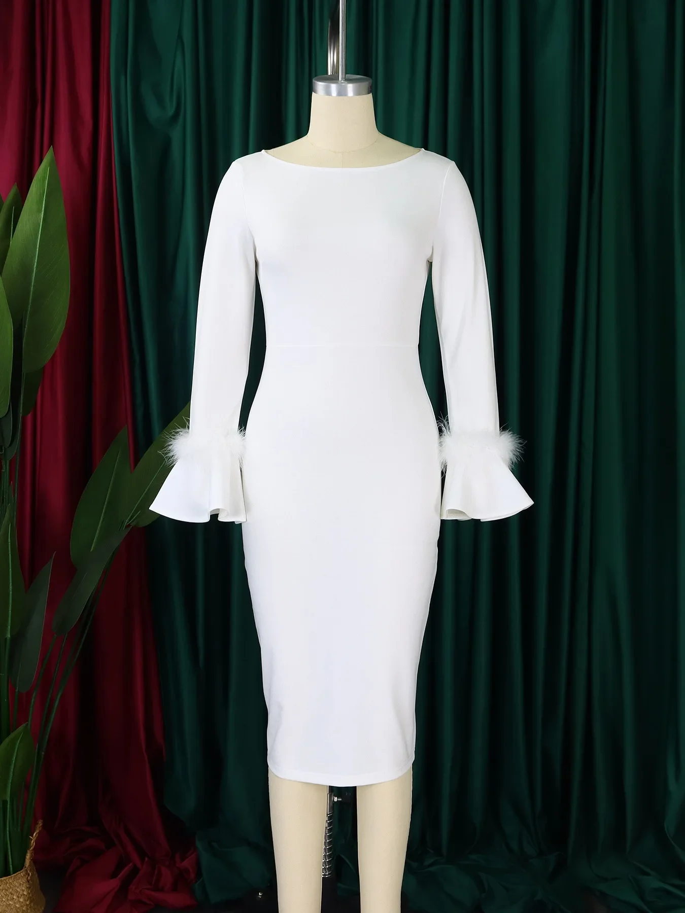 slim fit dress slacks White Bell Sleeve Deep V Ruched Short Bridal Party Dress – Haus of Lace main image 0