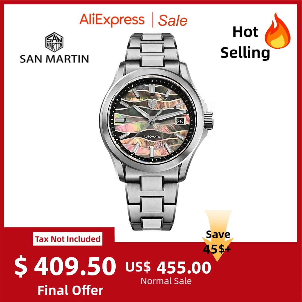 San Martin 39mm Miyota 9015 Splicing MOP Dial Luxury Dress Automatic Reloj 3H Date BGW-X1 Lume OTF Clasp Waterproof 100M SN0150