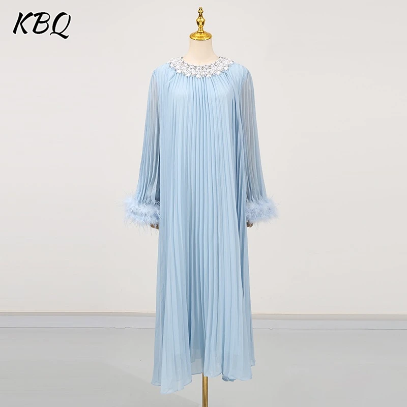 

KBQ Solid Loose Spliced Feathers Elegant Dresses for Women Round Neck Long Sleeves Patchwork Diamonds Dress Female Fashion New