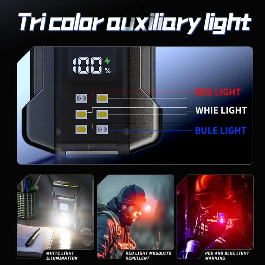 وسائط المصباح الأمامي بمشبك القبعة، مصباح أمامي قابل للتعديل، مشبك على القبعة مع شاشة رقمية، أوضاع مقاومة للماء، USB للغطاء