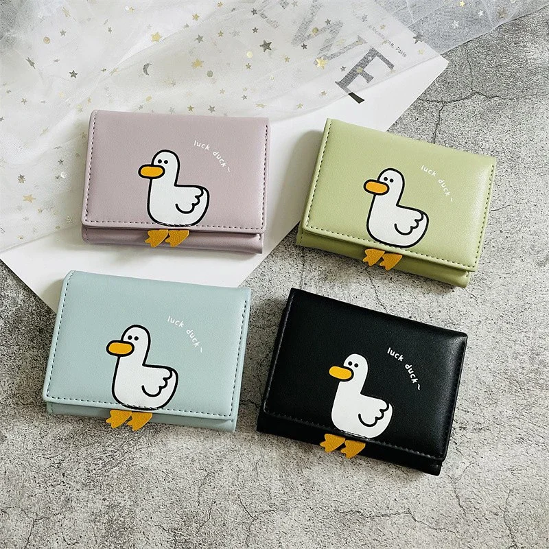 Creative Cartoon Luck Duck Design Women's Wallet PU Leather Bank Card Holder Kawaii Short Fold Wallets Cash Clip Women's Purses