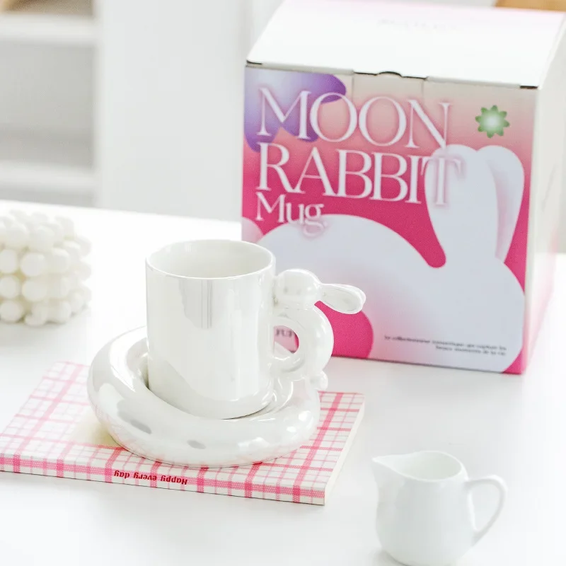 Pearl light luxury moon rabbit ceramic coffee cup saucer high value afternoon tea drinking cup mug household souvenir