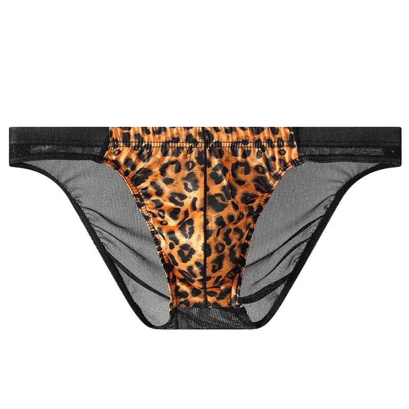 Men's Leopard Print Mesh Briefs Sheer Breathable Triangle Underwear Sexy Transparent Large Size Male Panties