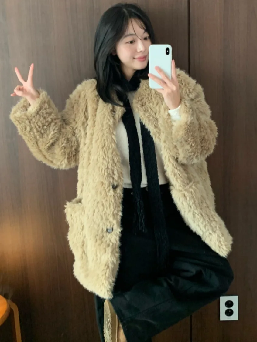 Korean Style Fluffy Fur Jacket Women's Thickened Cotton Leather Coat Warm Outerwear Spring Autumn Winter New Arrival