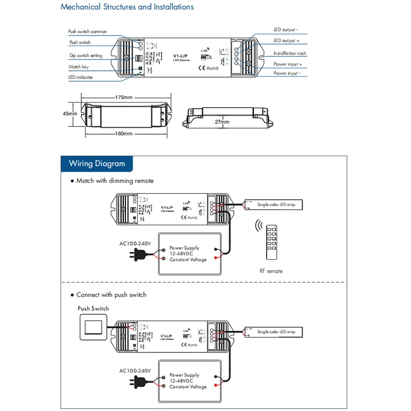 V1-L/P LED Gradateur 12-48V RT1 1 Zone Document Unique Bande LED Gradation Kit Sans Fil Wifi 2.4G RF Télécommande Push Switch Gradateur