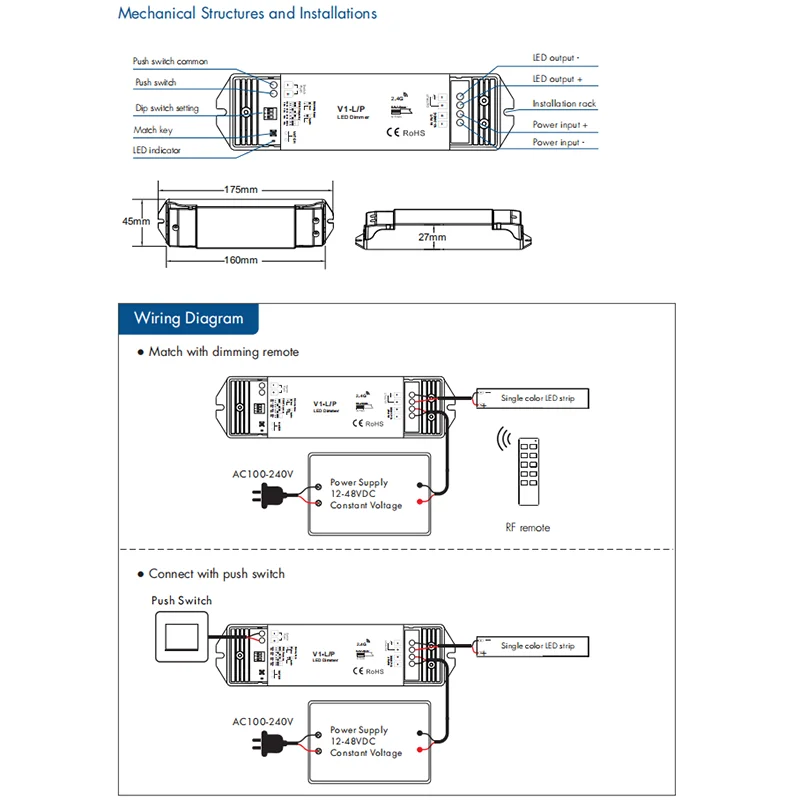 V1-L/P LED Dimmer 12-48V RT1 1 Zone Single Color LED Strip Dimming Kit Wireless Wifi 2.4G RF Remote Control Push Switch Dimmer
