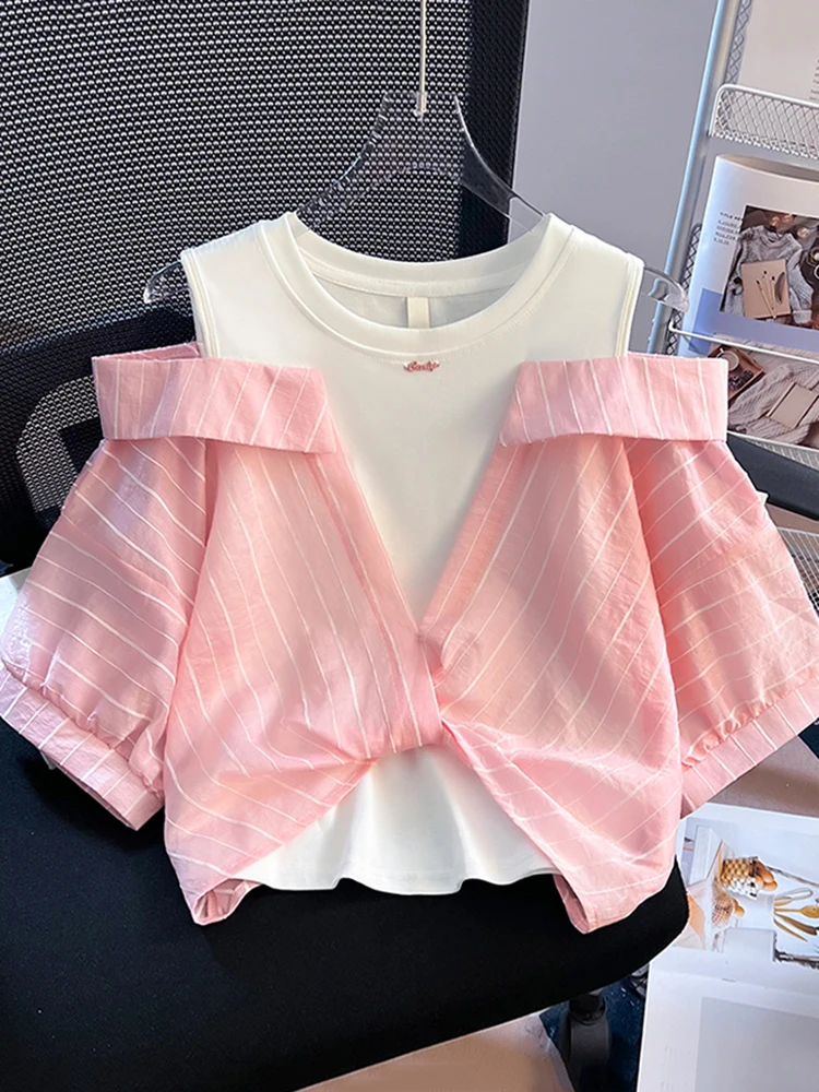 

Fake Two Sexy Off Shoulder Striped Top Retro Short Waist Top Fashionable Sweet Versatile Casual Top 2025 Summer/Autumn New