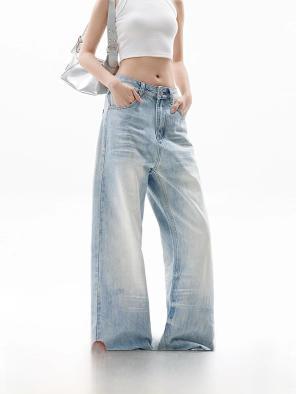 

Yootds американские ретро светло-голубые джинсовые джинсы женские прямые широкие брюки со свободной талией модные брендовые брюки