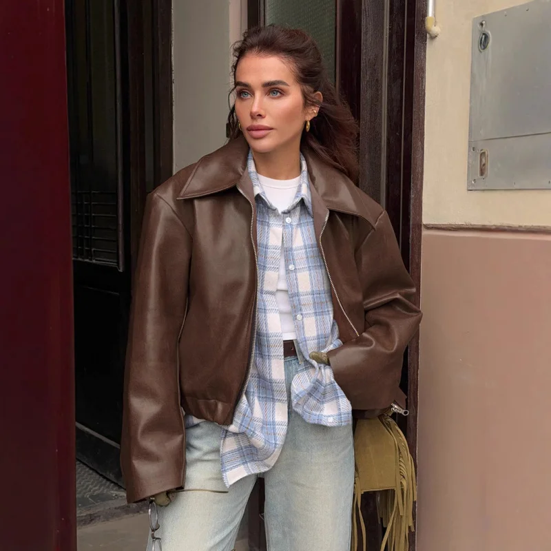 

's Retro Motorcycle Style , European and American Fashionable Elegant Women's Leather Coat