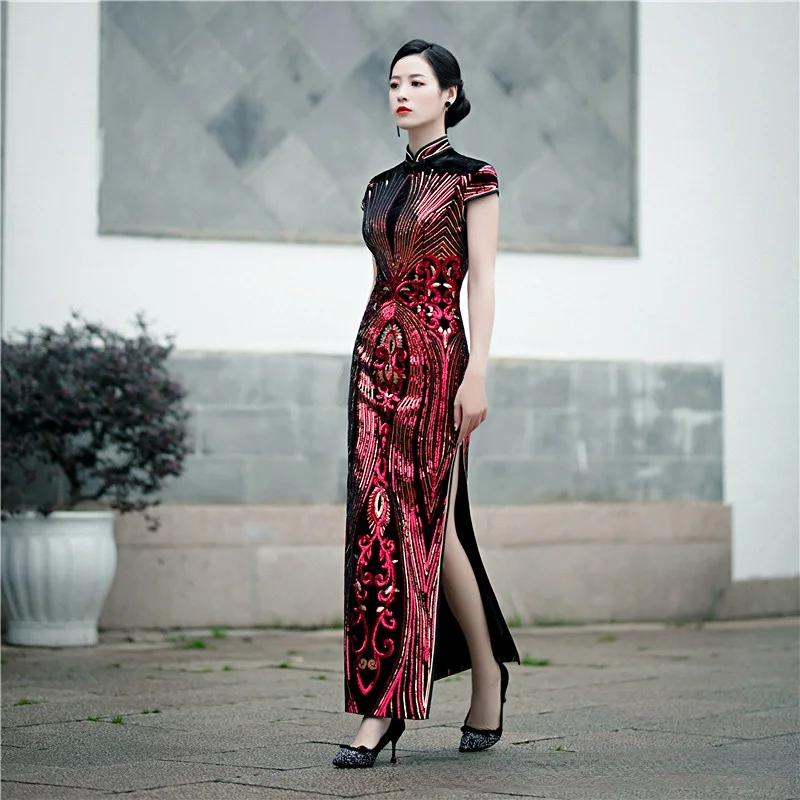 

New Sequined Catwalk Performance Cheongsam Plus Size Improved High Slit Chinese Dress for Women 5XL