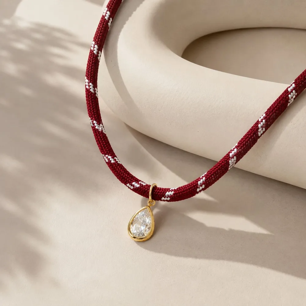 Retro Colorful Rope Chain Necklace  Bohemian Thick Rope Water Droplet Zircon Women Waterproof Stainless Steel Lightweight Jewelr