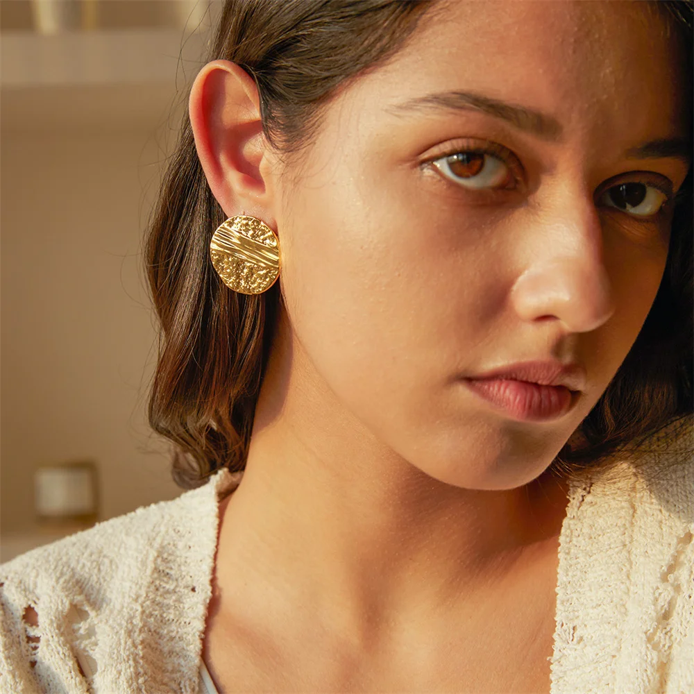 Gold Color Round Stud Earring Trendy Women\'s Earrings Retro 316L Stainless Steel Earrings Fashion Party Jewelry Accessories