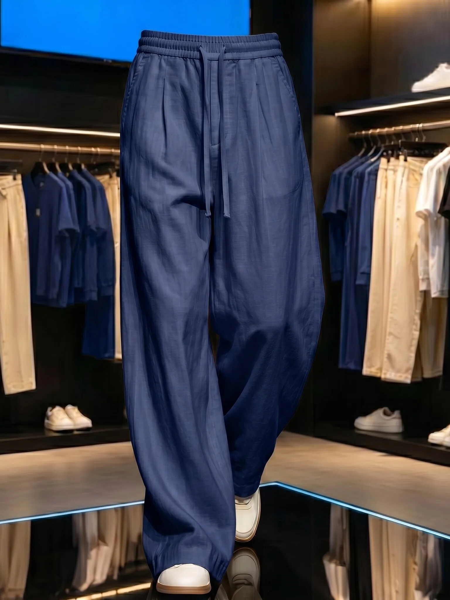 Trendy Ice Silk Quick Dry Casual Pants Men's Summer Thin Wide Leg Loose Comfortable Long Trousers Elegant Drapey Loose Fit