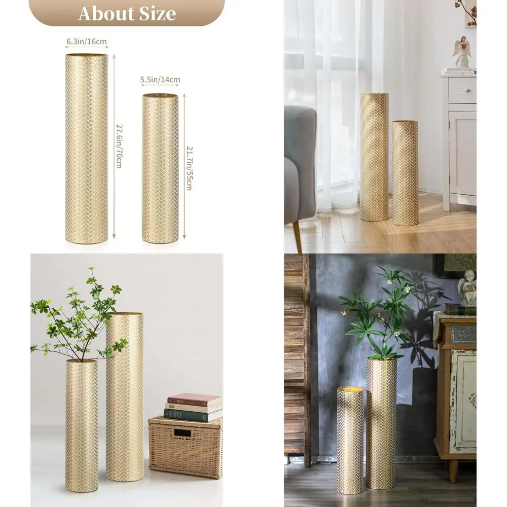 

Pair of Large Gold Woven Metal Vases - 27.6/21.7in Tall Cylinder Decor for Home & Office
