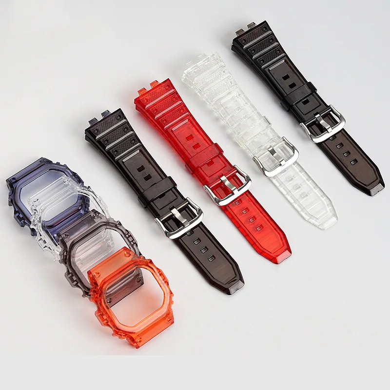 Silicone rubber watch strap set for CASIO GMW-B5000 integrated jelly black blue transparent red men women watchband case kit