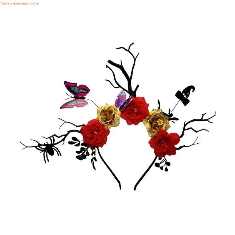 F92D Halloween Deer Antlers adtlers ที่มีรายละเอียดผีเสื้อค้างคาวและเครื่องประดับผมสาขาดอกไม้สีดำสำหรับงานปาร์ตี้เครื่องแต่งกาย