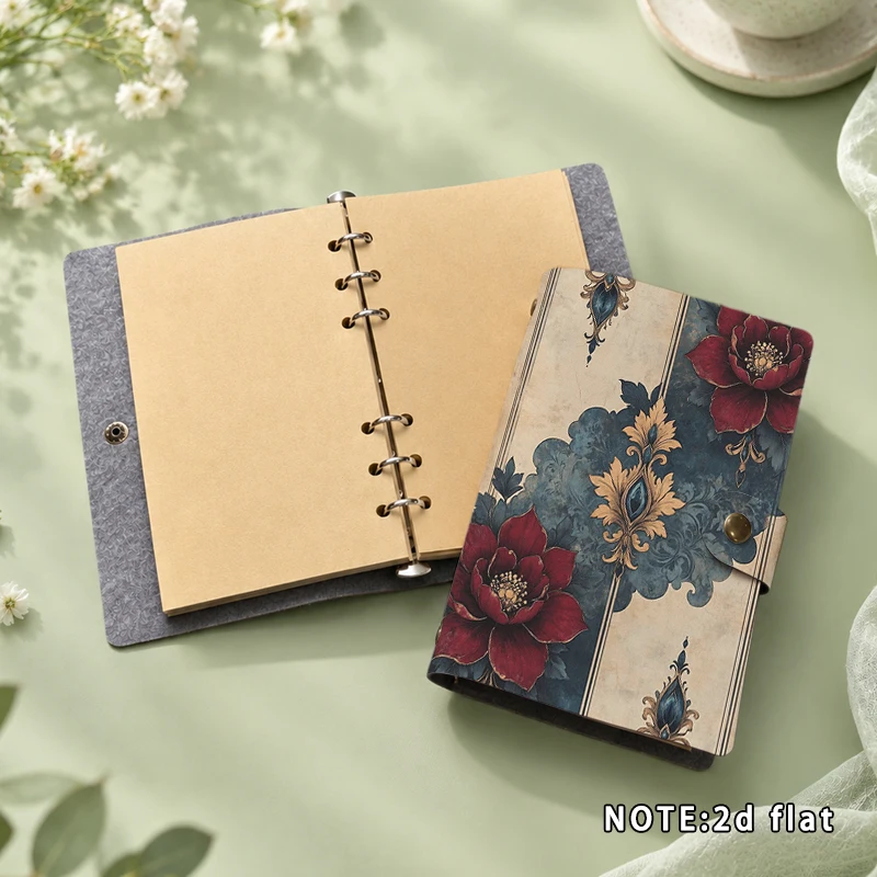 Vintage Baroque Red Floral PU Leather Journal Notebook Snap Closure Retro Pattern Travel Diary Handwriting Notebook Art Journal