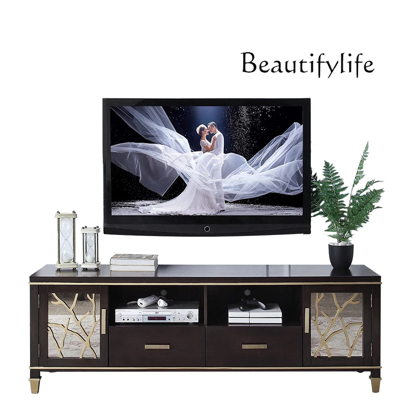 

American Light Luxury TV Cabinet Simple Modern High Sense Living Room Glass Floor Cabinet Small Apartment Solid Wood