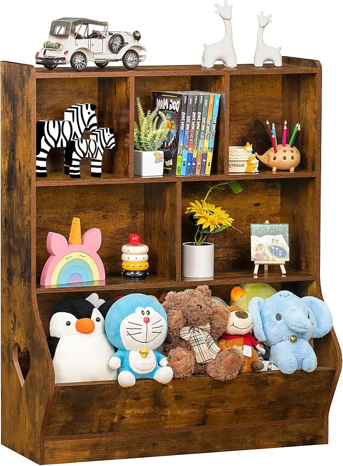 Kids Storage Organizer, 3 Tier Children Bookcase and Bookshelf, Toddler 6 Cubby Cabinet, Wood Book Shelf for Playroom, B