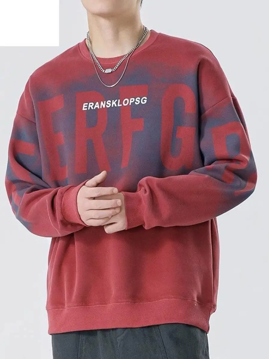 

Мужская толстовка свободного кроя с круглым вырезом и длинным рукавом, весна-осень, новая коллекция, красная, повседневная, удобная, уличный стиль, стандартный размер