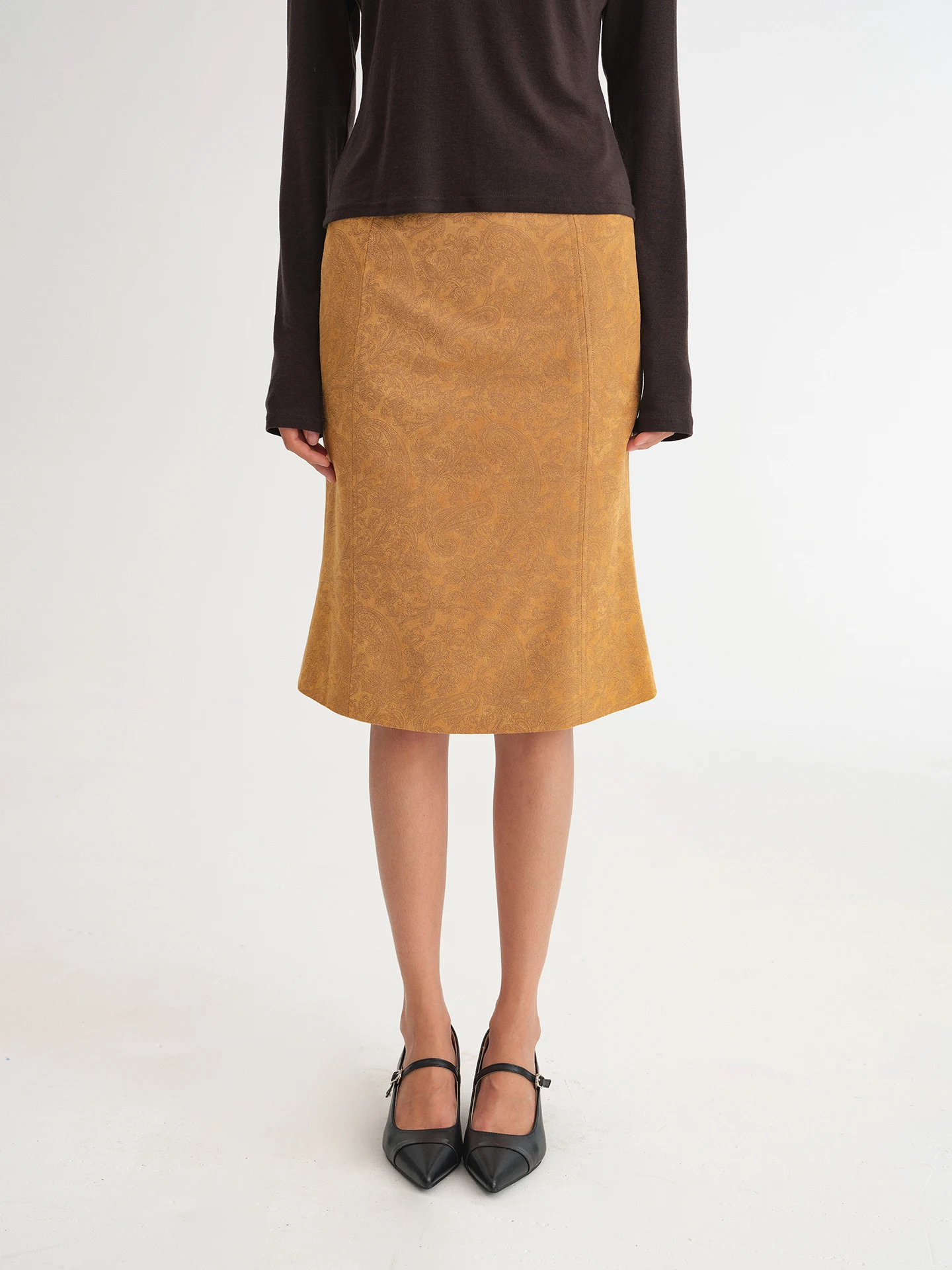 Dozzease Retro Suede Fish Tail Half Skirt Women's Autumn Winter Elegant Commuting Straight mid Skirt Nut Flower Print