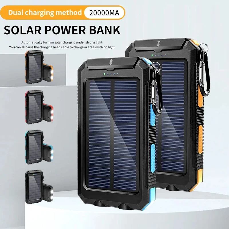 20000mAh Solar Power Bank Portable Charger with Compass Light Carabiner Outdoor Camping Camping Equipment External Spare Battery