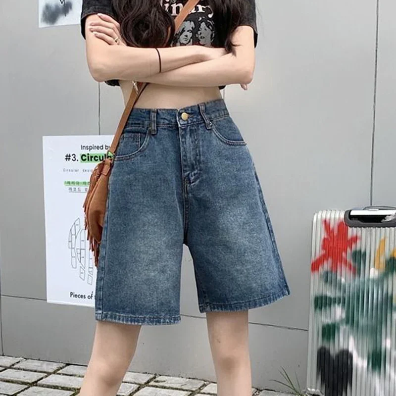 

Vintage Blue Loose Denim Shorts for Women Summer High Waist Wide Leg Shorts Woman Korean Fashion Straight Short Pants Female