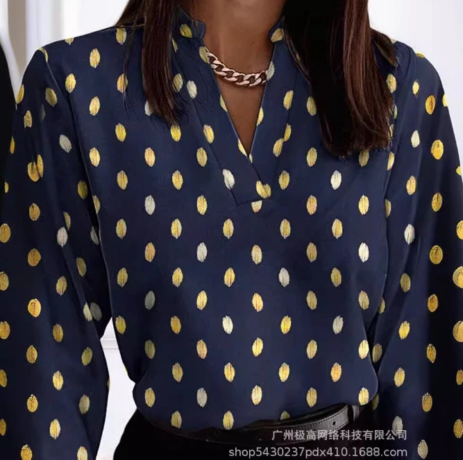 Women's Elegant Blouses 2024 Spring Summer Latest Polka Dot Gilded V-Neck Long Sleeved Shirt Commission Wrapped Sleeves T-Shirt