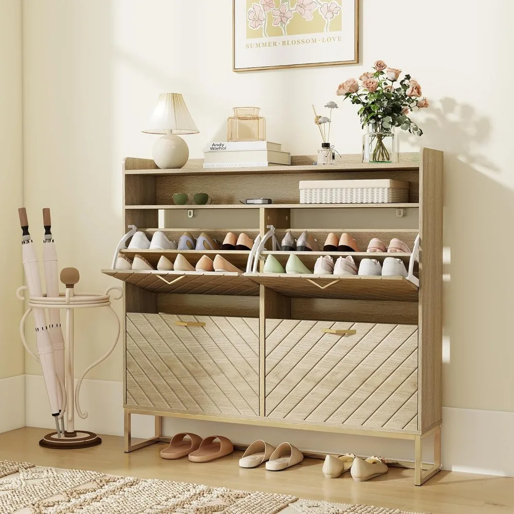 Narrow Fluted Panel Shoe Cabinet with 4 Flip Drawers for Entryway Storage