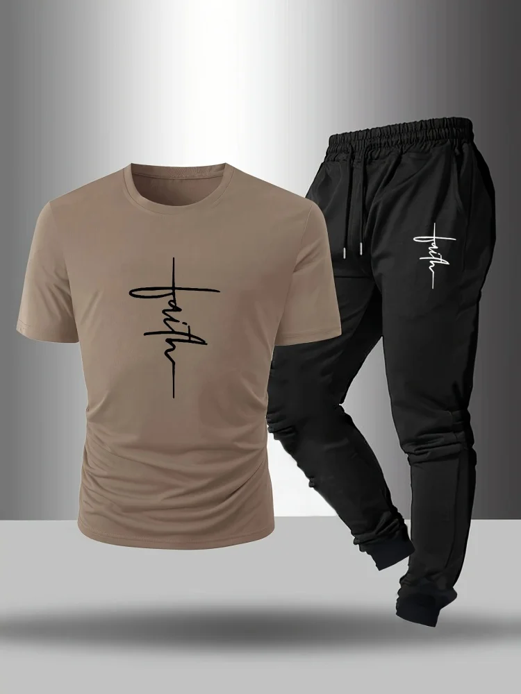Summer New Arrival Men's Two-Piece Set Crew Neck Cross-Stitch Short-Sleeve Shirt Paired With Fashionable Trousers Men's Suit