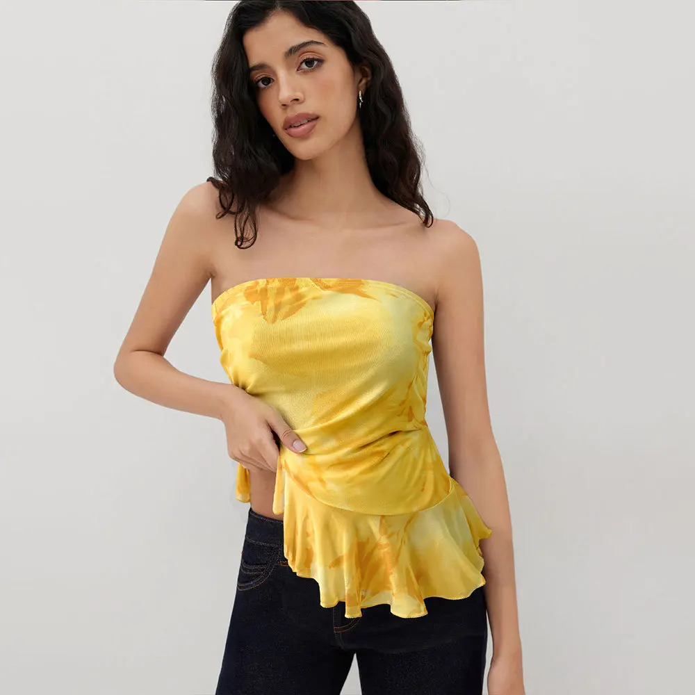 Tie Dye Bandage Camisole Women Summer Sexy Off Shoulder Ruffle Crop Tops