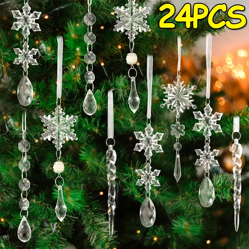 24/5PCS Christmas Tree Crystal Ornaments Acrylic Icicle Drop Ornaments Snowflake Hanging Pendants Xmas New Year Party Decoration