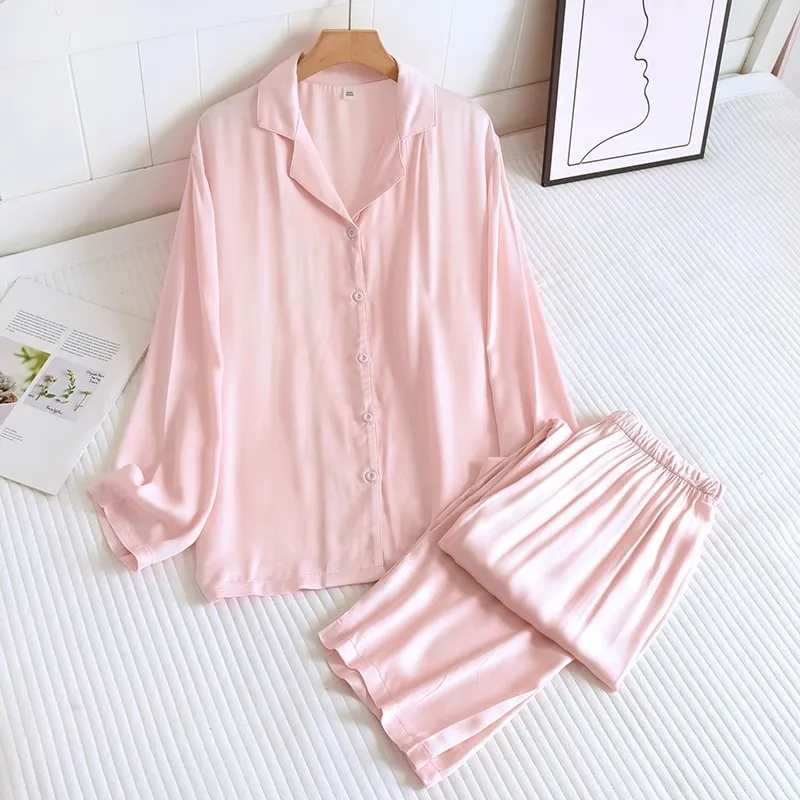 Couple Cotton Silk Pajamas Women's Summer Satin Rayon Long-sleeved Trousers 2 Pcs Set Solid Color Men's Loungewear Thin Set