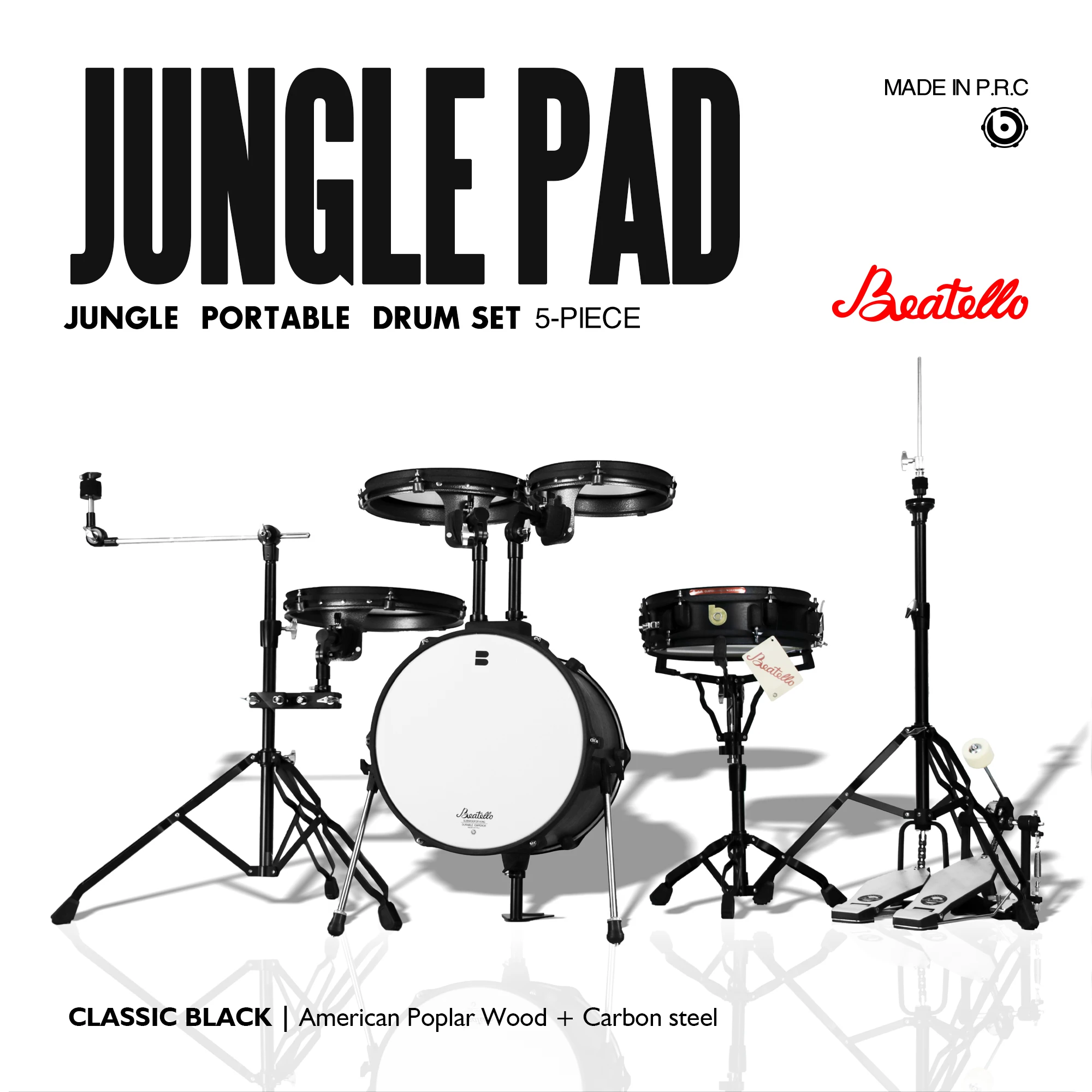 Black 5-Drum Jungle Pad Flat Double Tier Metal Acoustic Drum Set Portable For Adult