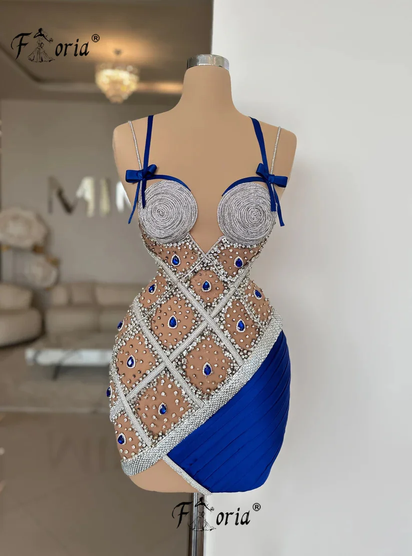 Chic Royal Blue Crystal Stones Dress Party Mermaid Silver Beads Graceful Prom Party Dresses Vestido de Festa Cocktail Dresses