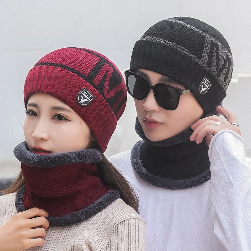 Winter Warm and Velvet Head Protector Knitted Hat for Men and Women Cycling, Cold Proof Hat, Neck Two Piece Set