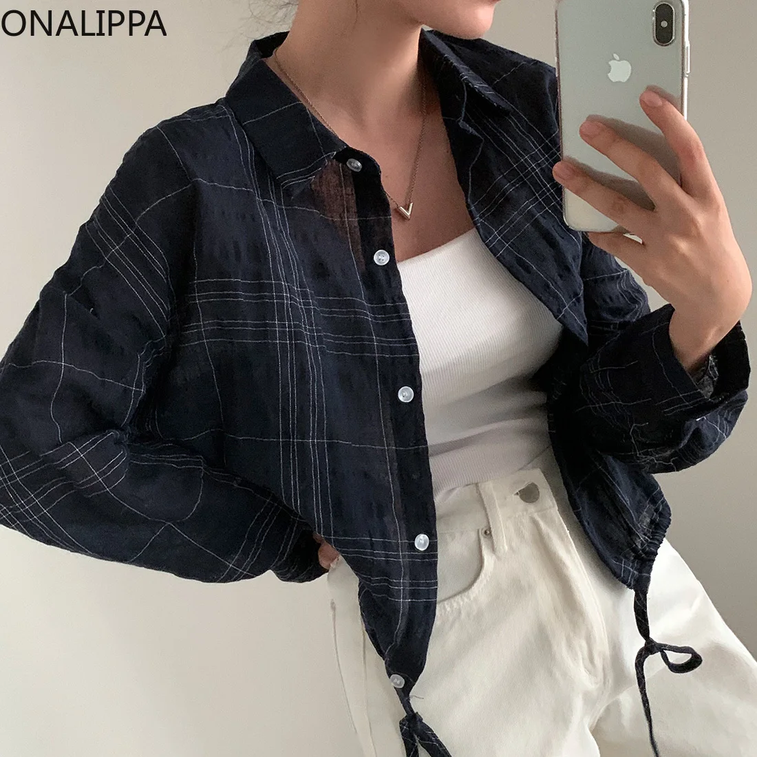 Onalippa Drawstring Plaid Women Shirt Vintage Single Breasted Long Sleeves Casual Shirts Korean Turn Down Collar Sweet Blouse