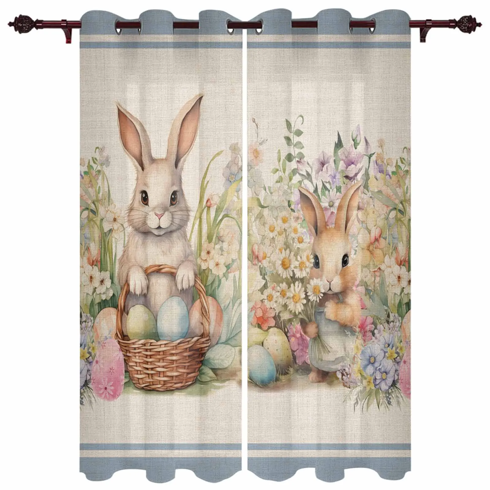 Easter Eggs Bunny Flowers Window Curtains for Living Room Bedroom Curtain Modern Kitchen Blinds Drapes Curtains