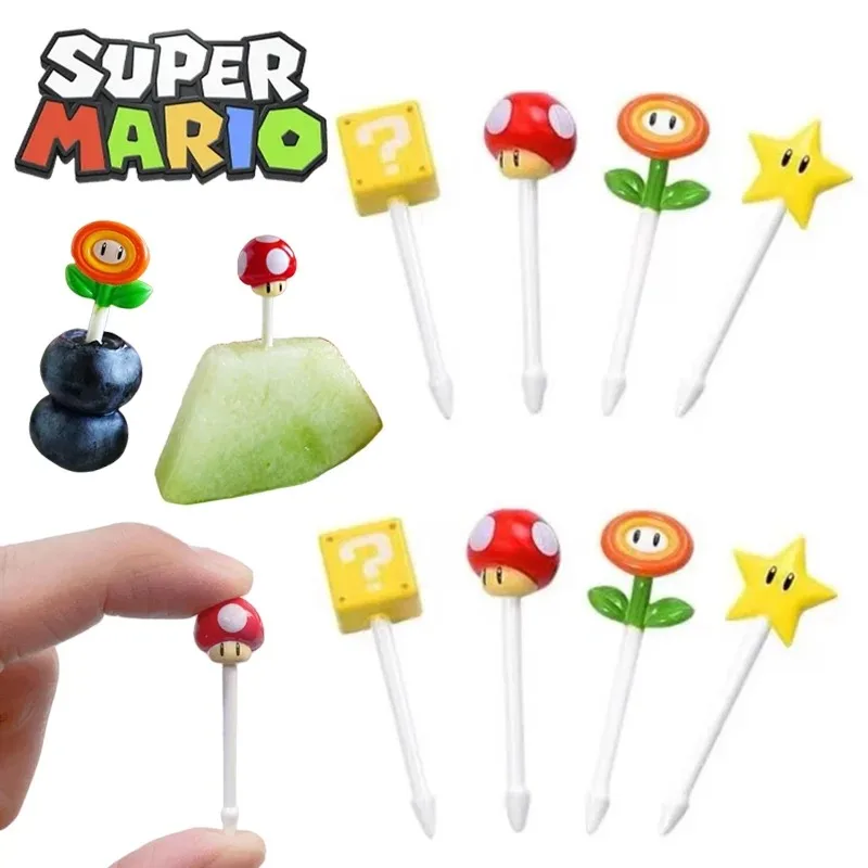8 Garfinhos de Frutas Super Mario em Plástico de Grau Alimentício, Mini Palitos para Bolo, Acessórios para Marmita, Decoração de Festa de Aniversário para Meninos e Meninas
